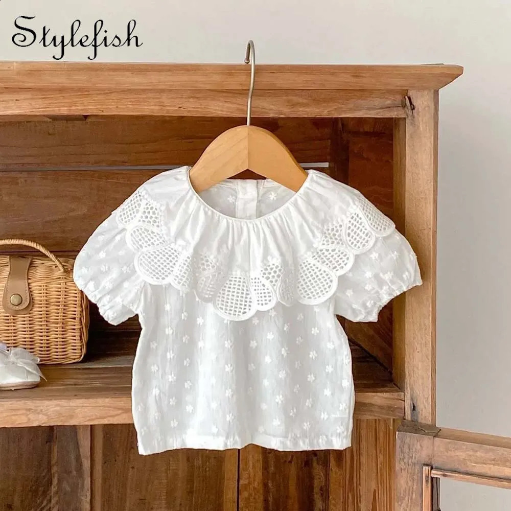 Summer Baby Girl Trend Sweet All Solid Color Large Lace Collar Embroidered Small Flower Bubble Short Sleeve Shirt Bottom 250319