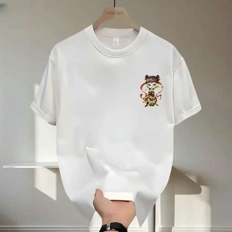 Trendy brand short sleeved T-shirt for men, slim fit cartoon Nezha print thin T-shirt, trendy clothes on top