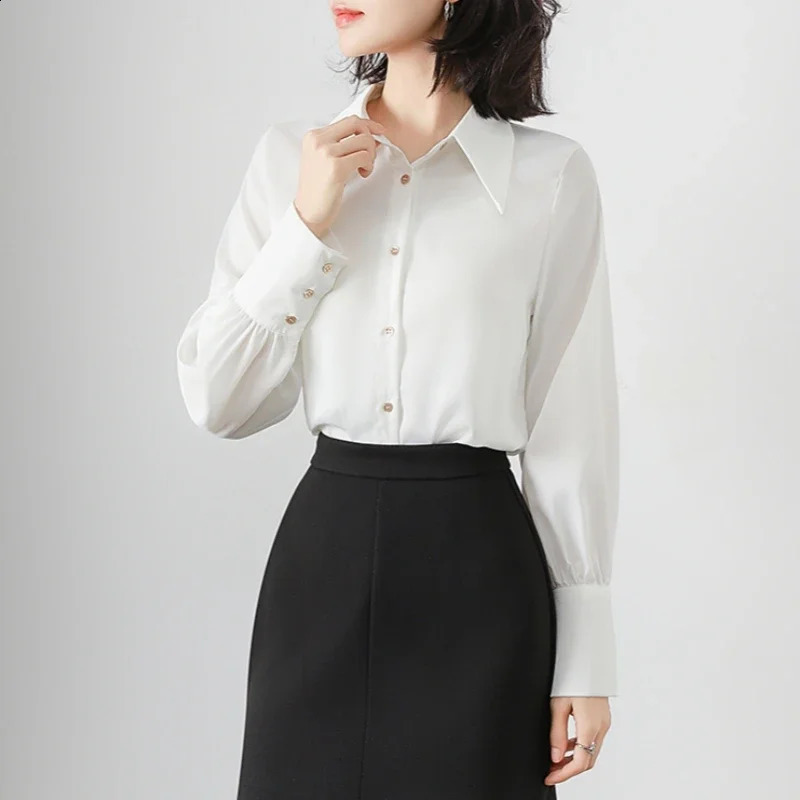 Spring Summer Satin White Womens Blouse Long Sleeve Elegant Korean Workwear Office Lady Casual Loose Shirts Female 250318