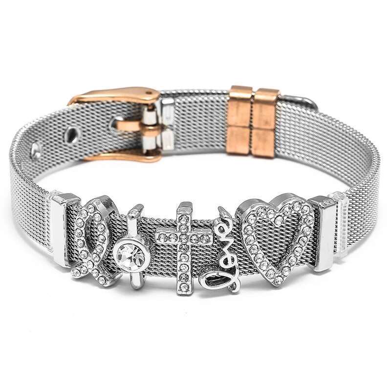 10mm Love Crystal Cross Beads Stainless Steel Mesh Bracelets Charm Keeper Bracelets Bangles For Women Men Fashion Jewelry Gift