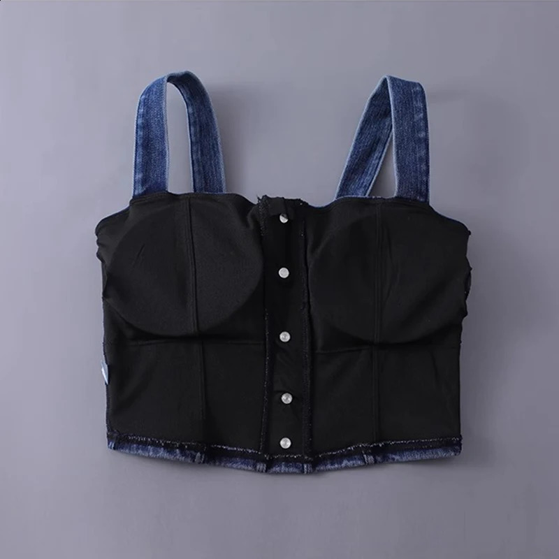 2024 womens ultrathin cut denim vest elastic jeans sports bra with pad 250319
