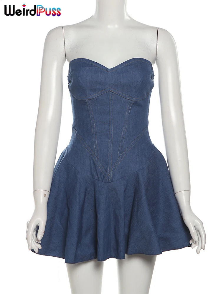Weird Puss Denim Strapless Sexy Dress Women Summer Trend Skinny Hipster Fashion Concert Birthday Party Clubwear Y2K Bodycon 250319
