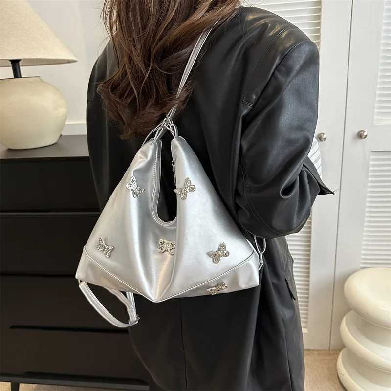 New Arrival New womens butterfly handbag fashionable underwear shoulder bag large capacity soft Pu leather retro casual Y2K silver cross body bag T250