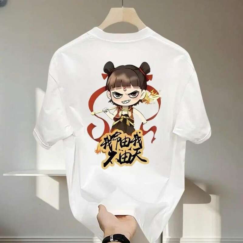 Trendy brand short sleeved T-shirt for men, slim fit cartoon Nezha print thin T-shirt, trendy clothes on top