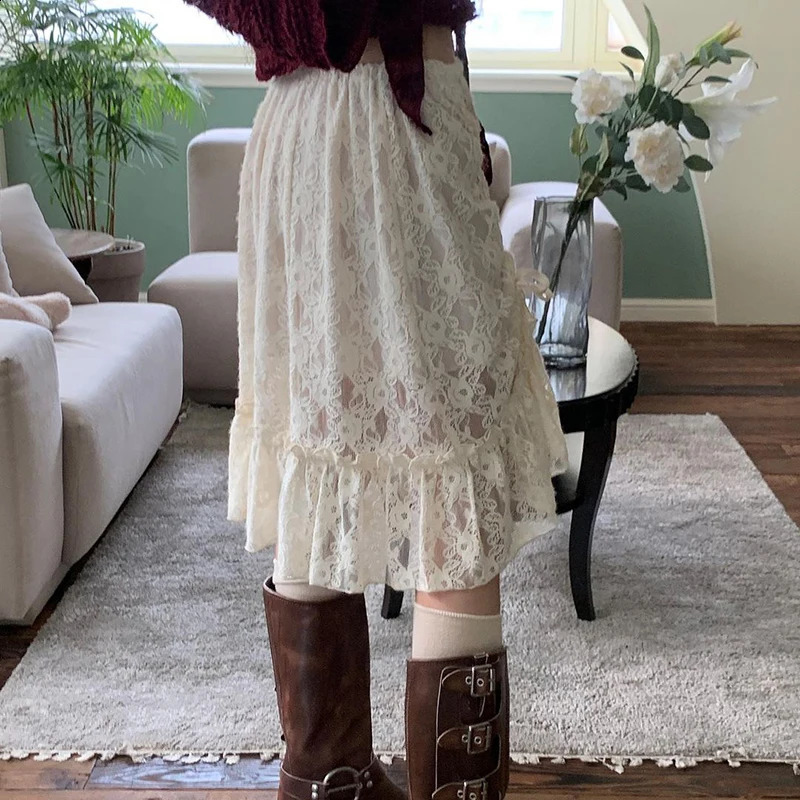 CIBBAR Fairycore Lace Transparent Skirt y2k Vintage Drawstring Bandage Low Rise Midi Skirts Women 2000s Harajuku Ladies Clothing 250319