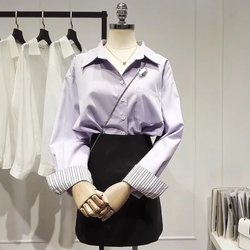 Casual fashionable elegant hem collar striped purple patchwork work long sleeved young womens loose shirt and top 250319