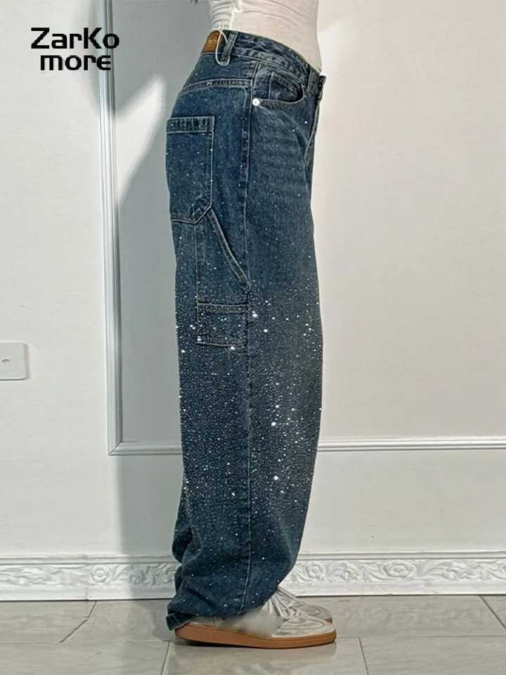Vintage Rhinestone bagged womens jeans womens blue waist straight wide leg pocket denim jeans 2025 spring high street Y2K jacketT250319