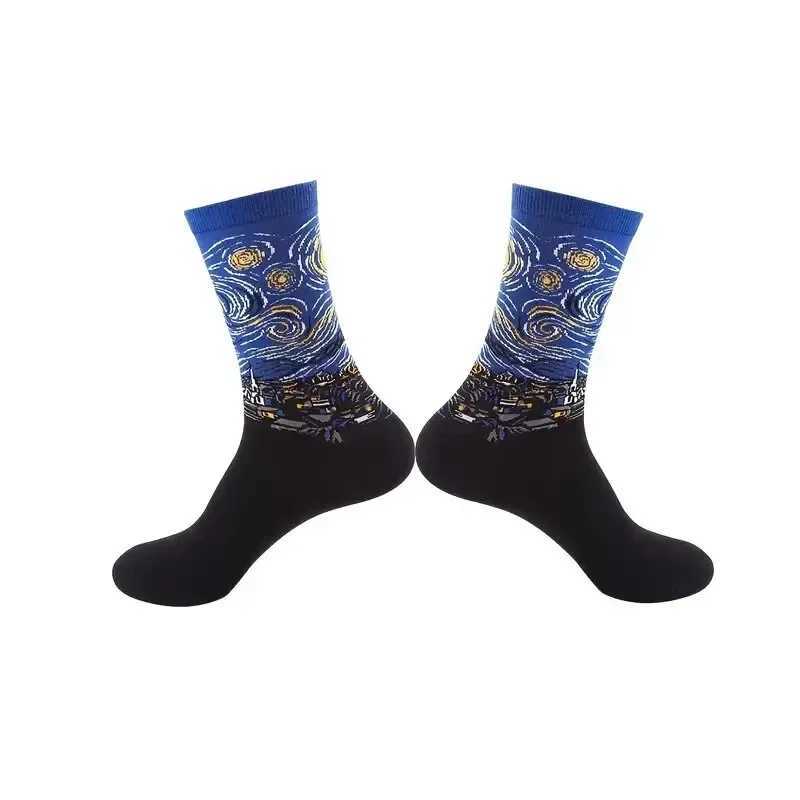 1 pair of mens retro abstract oil painting art socks shouting modern Van Gogh starry night happy oil painting comfortable skateboard socks X250319