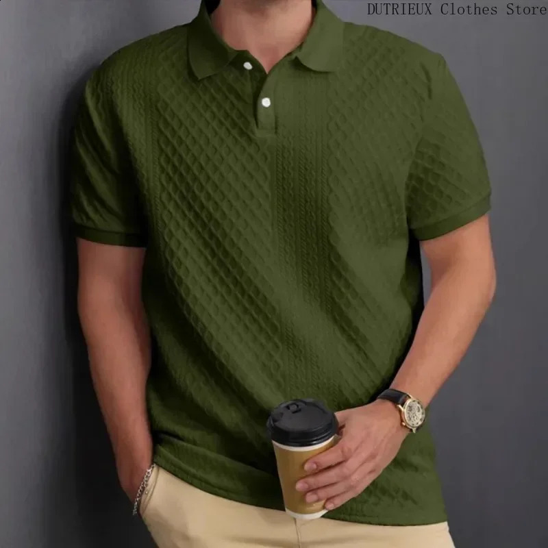 Mens jacquard lapel solid color polo shirt simple and fashionable business mens polo shirt casual office golf mens clothing 250317