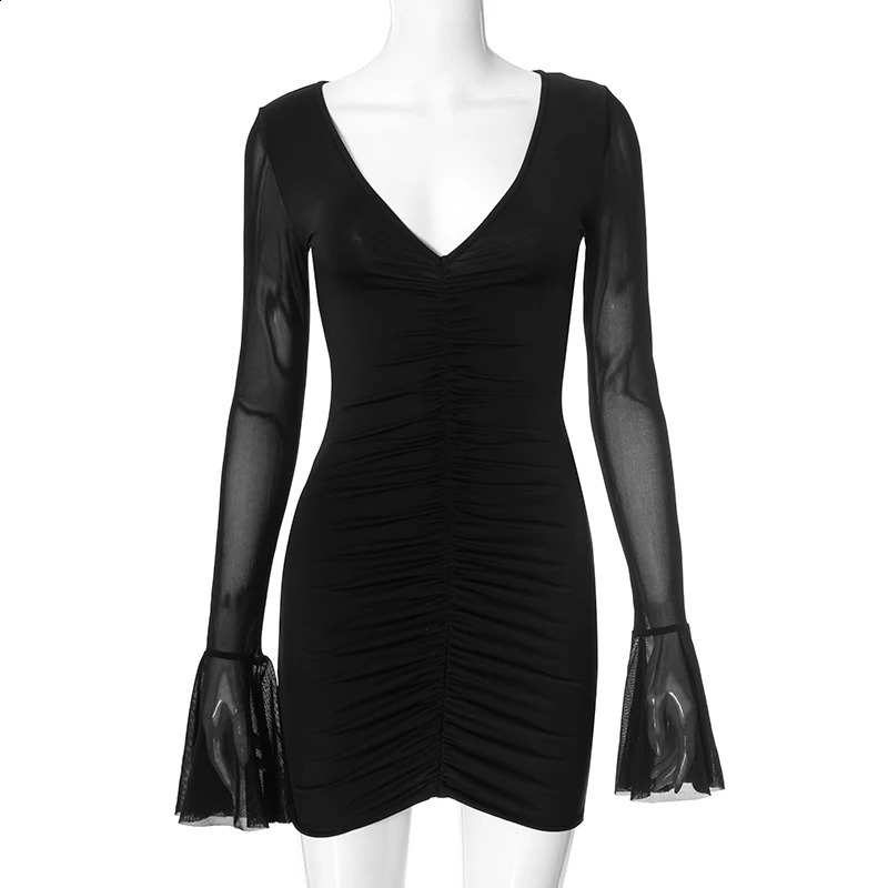 CUTENOVA 2025 SpringSummer Collection Solid Color Sexy Vneck Mesh Decal Folded Ruffles Sleeves Mini Skirt 250319