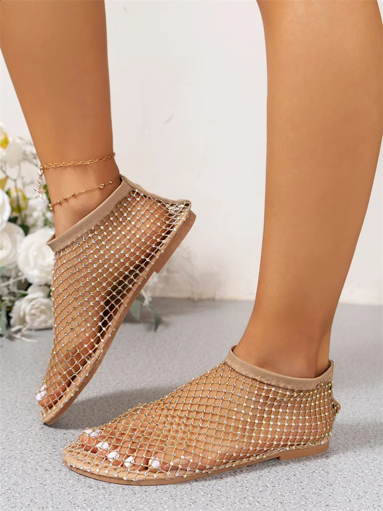 Msfilia Round Toe Sandals With Hollowed Out Internet Famous Diamond Studded Short Boots Summer Sexy Plus Size Flat Shoes 250317