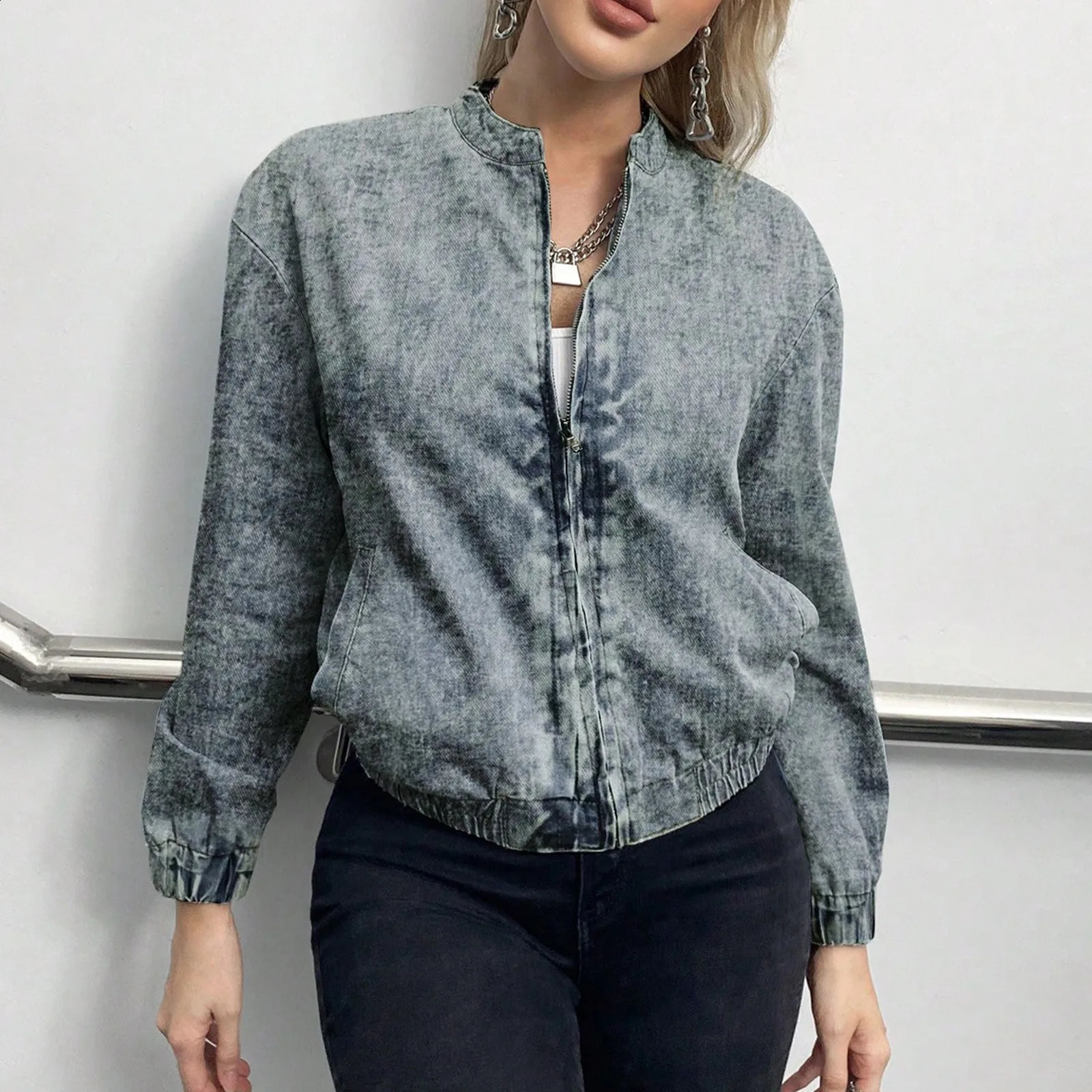 Womens zipper denim jacket womens stand up collar short bomber pocket casual Ropa 250317