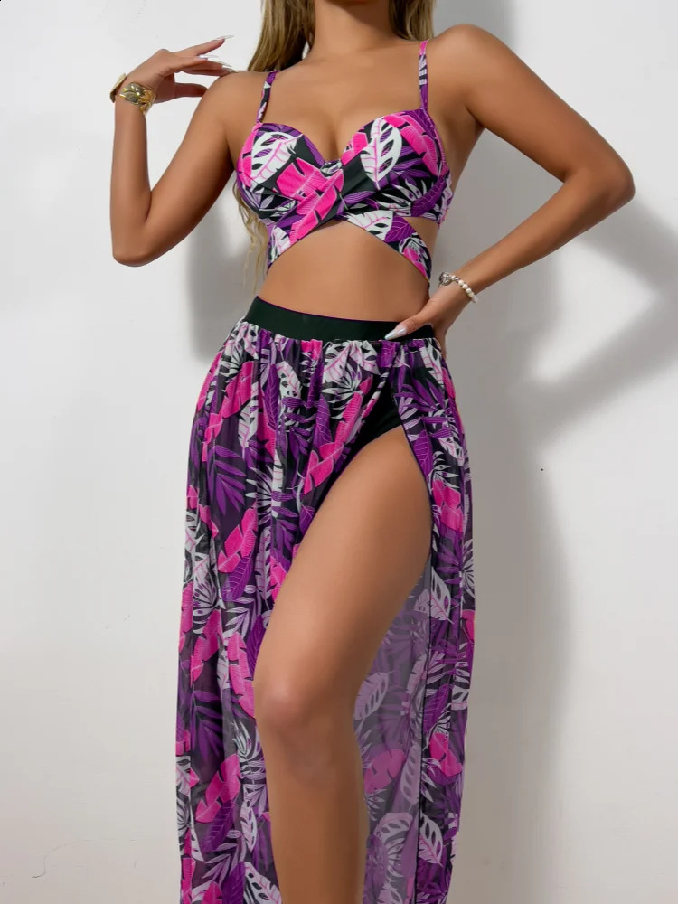 3 Pieces Strappy Bikini Women Push Up Swimsuit Sexy Swimwear Female With Beach Dress Bathers Bathing Swimming Swim Suit 250314