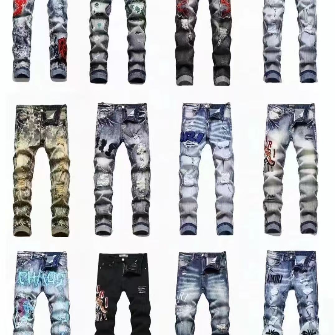 designer mens jeans amirjean Loose high waist Ripped High Street Jeans Retro Paint Spot Patch Hole Denim Streetwear silm Feet Micro Elastic jeans pants size 28-38