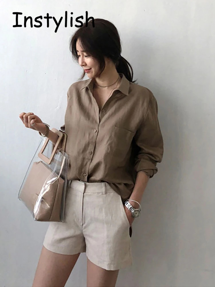 Casual long sleeved cotton linen loose shirt for womens spring and summer retro Harjauku streetwear oversized shirt elegant top 250318