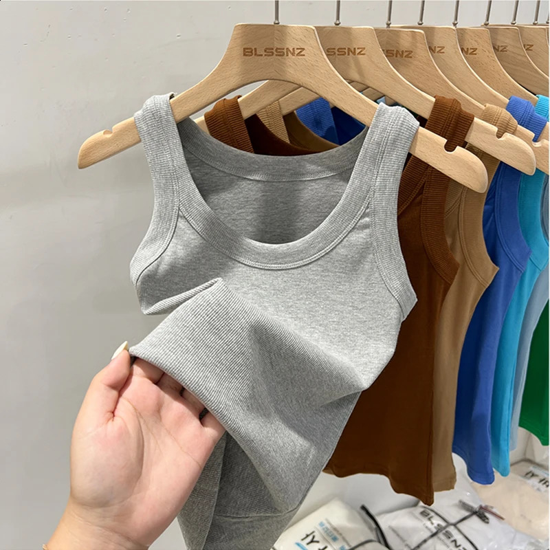 2024 Summer Womens Solid Round Neck Ribbed Tank Top Basic Elastic ONeck 250319