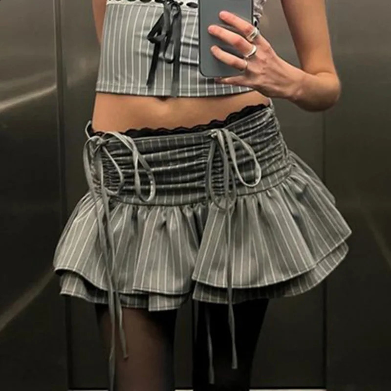 E-girl Striped Drawstring Pleated A-line Skirt 00s Retro Low Waist Lace Trim Skirt Women Double Layers Mini Skirt Y2K Streetwear 250319