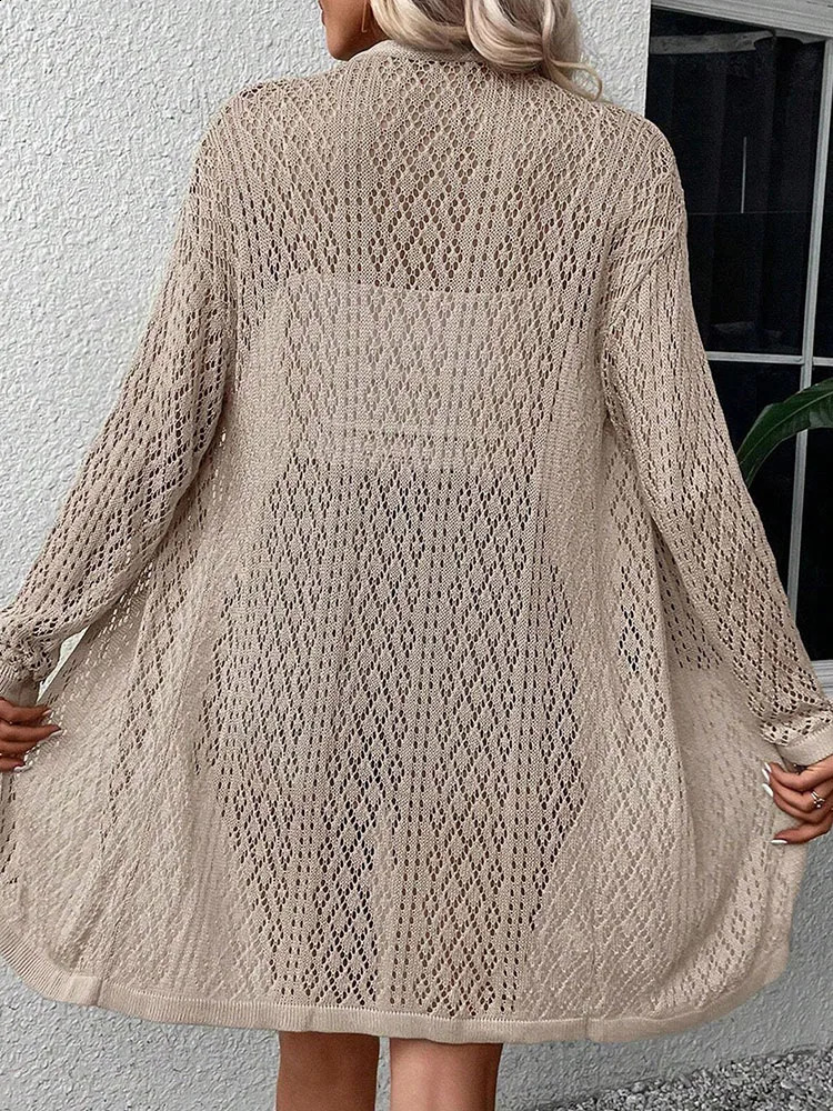 Fashionable and elegant hollow knitted sweater solid color V-neck perforated sweater womens top cardigan sweater 250318
