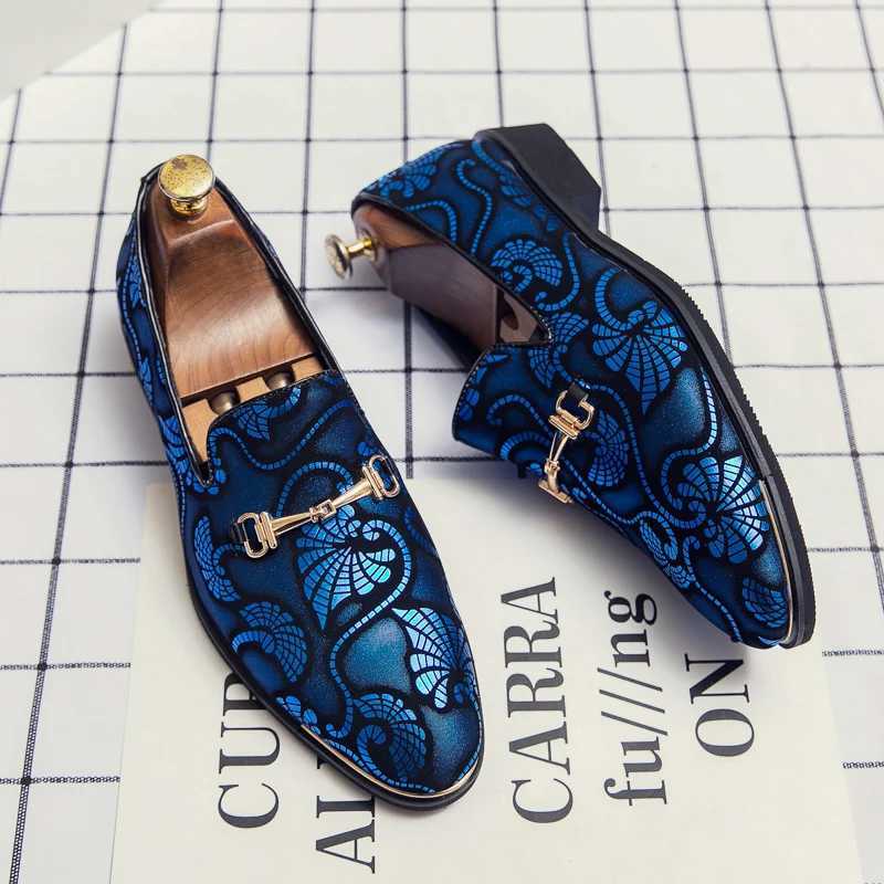 New mens leather shoes mens luxury British gold blue countryside pattern Oxford classic gentleman wedding ball shoesXJ250319