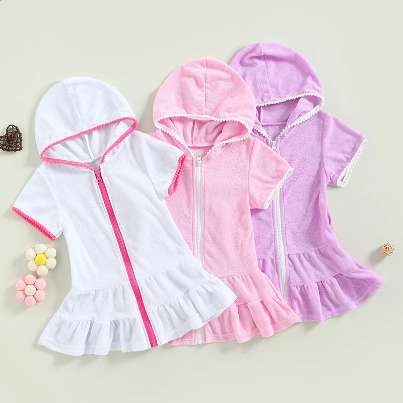 Yiiciovy Summer Kids Girls Swim Hooded Cover Up Terry Bathing Suit Beach Cover-Up Short Sleeve Zip Up Beach Dress for Kids 250319