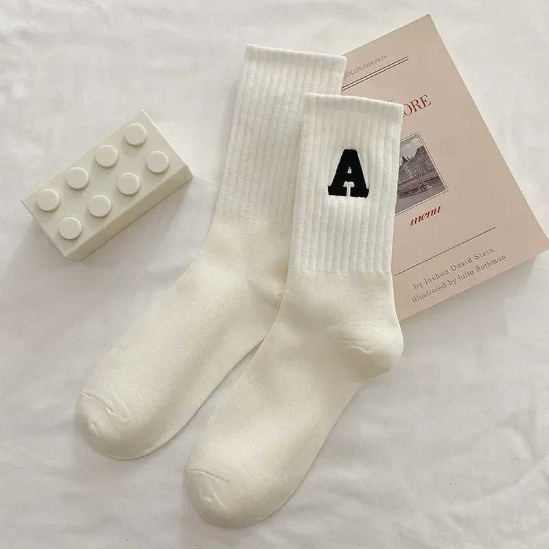 Womens Cotton Socks White Socks Embroidered with Letter A Solid Color Sports Socks Cotton Autumn and Winter X250319