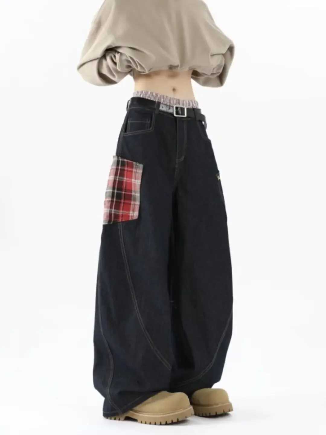 New American Style Splicing Plaid Washed Cargo Pants Women Retro Wide Leg High Waisted Baggy Jeans Women Hip Hop Denim PantsT250319