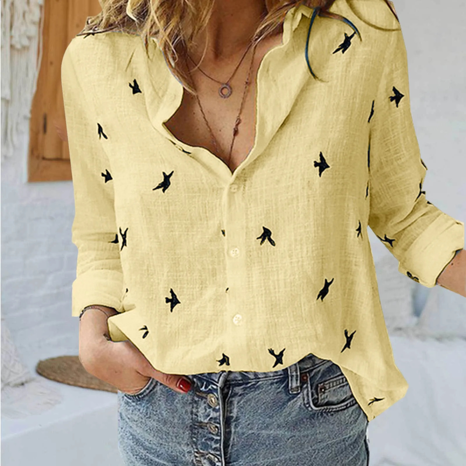 Korean Fashion Blue Pink Collar Shirt Womens Summer Thin Cool Cotton Linen Shirt French Elegant V-neck Long sleeved Shirt Womens 250318
