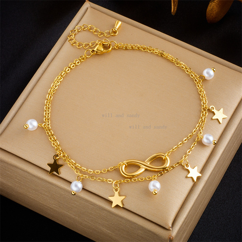 Non Tarnish 18k Gold Waterproof Anklet Chain Bracelet Designer Star Heart Cross Charm Dainty Layered Stacking Foot Chain for Woman Girls Summer Beach 