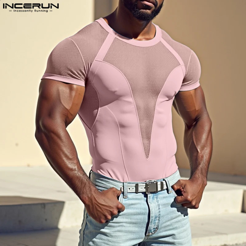 INCERUN Tops American Style Fashion Sexy Mens Mesh Splicing T-shirts Male Casual Elastic Breathable Short Sleeved Camiseta 250319