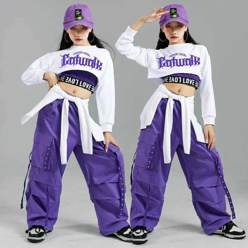 Hip Hop Girls Fashion K-pop Crop Top Purple Cargo Pants Children Street Dance Outfits Kids Streetwear Group Jazz Clothes SetsT250318