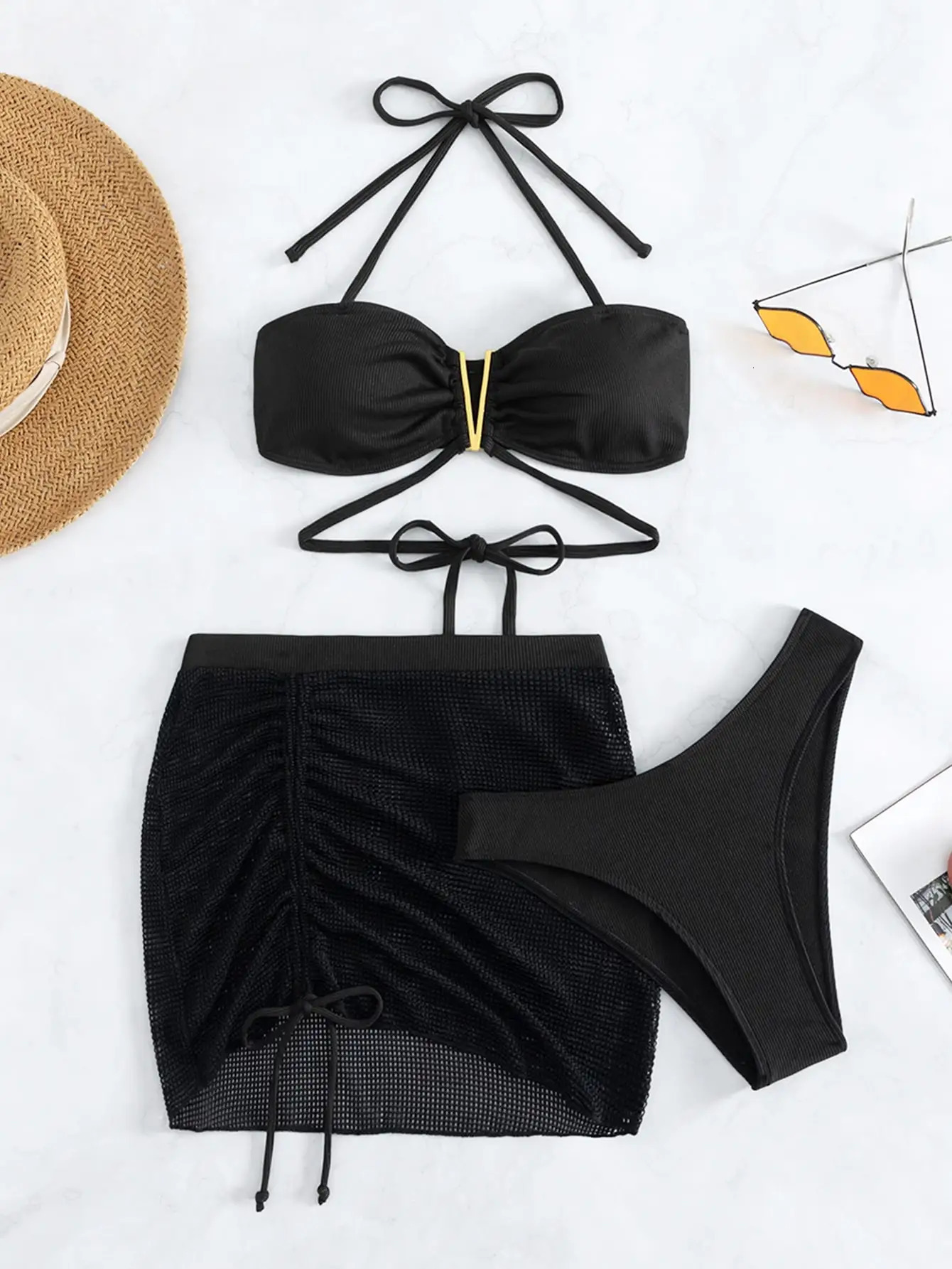 3 pieces of black V-line camisole bikini womens and beach skiing swimsuit womens swimsuit solid beach suit swimsuit 250314