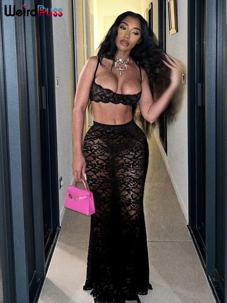 Weird Puss Sexy Mesh 2 Piece Set Women Hipster Midnight Summer Trend Mini CamisoleSkirts Stretch Nightclub Party Matching Suits 250319