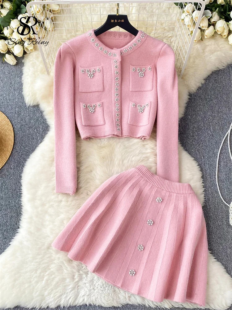 SINGREINY Japan Style Pearls Knit Suits Hidden Breasted Pockets CardiganMini Pleated A Line Skirt Women Sweet Streetwear Sets 250319