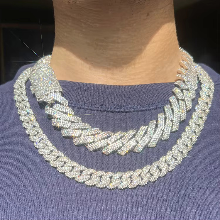 Heavy Silver Hip Hop Necklace 20mm 15mm Iced Out Moissanite Diamond Silver Cuban Link Chain for Men