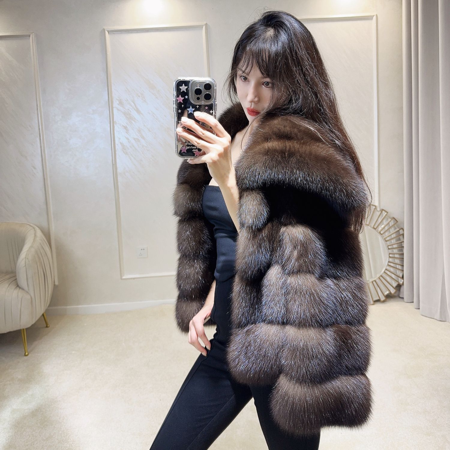 Wind black gold mink 2024 winter fashion classic trumpet sleeve imitation fur women's big collar coat