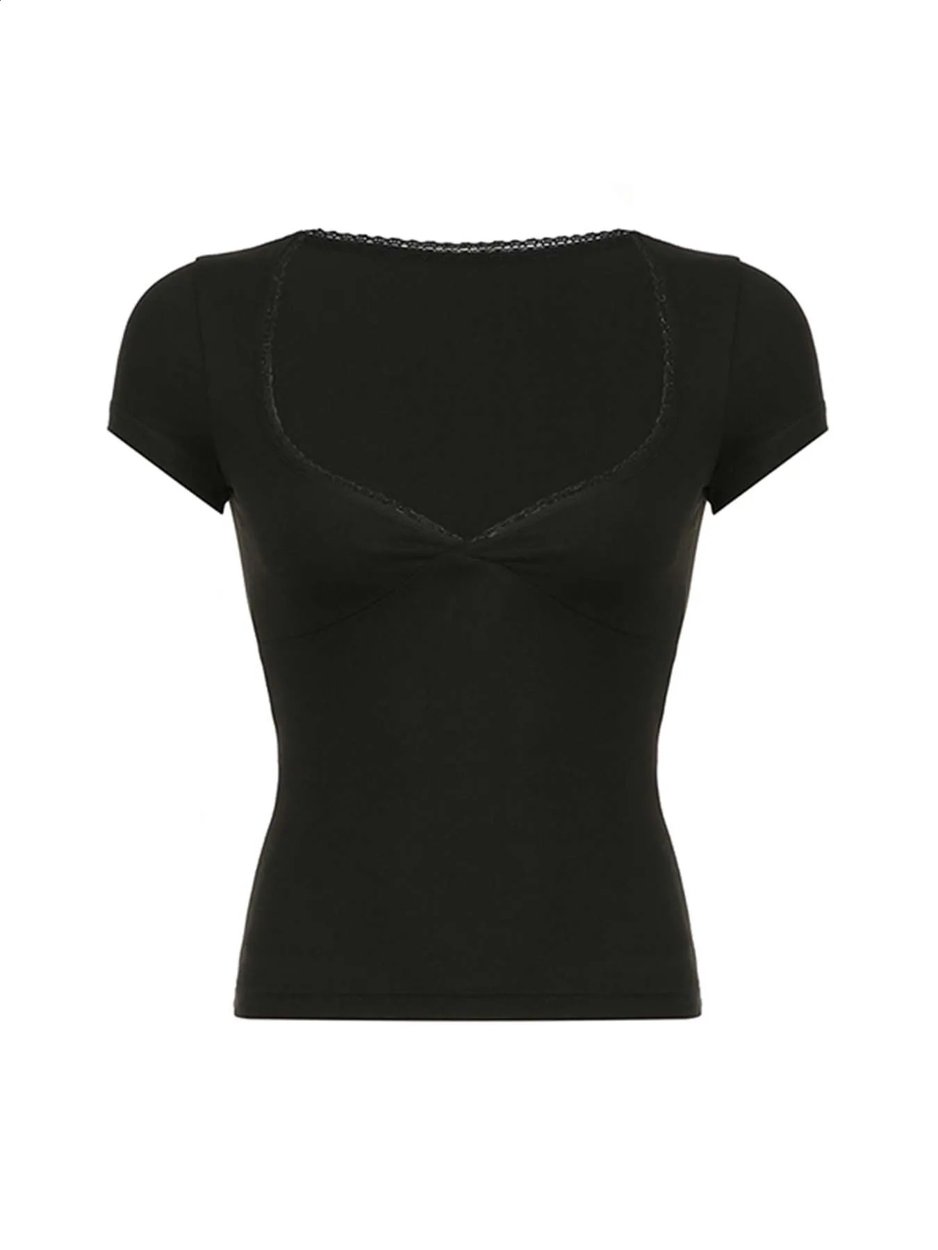 Sweetown Black Solid Slim Elegant Basic Short Sleeve Tees Lace Trim Cute Y2K V Neck White T Shirts Women Summer Streetwear Tops 250319