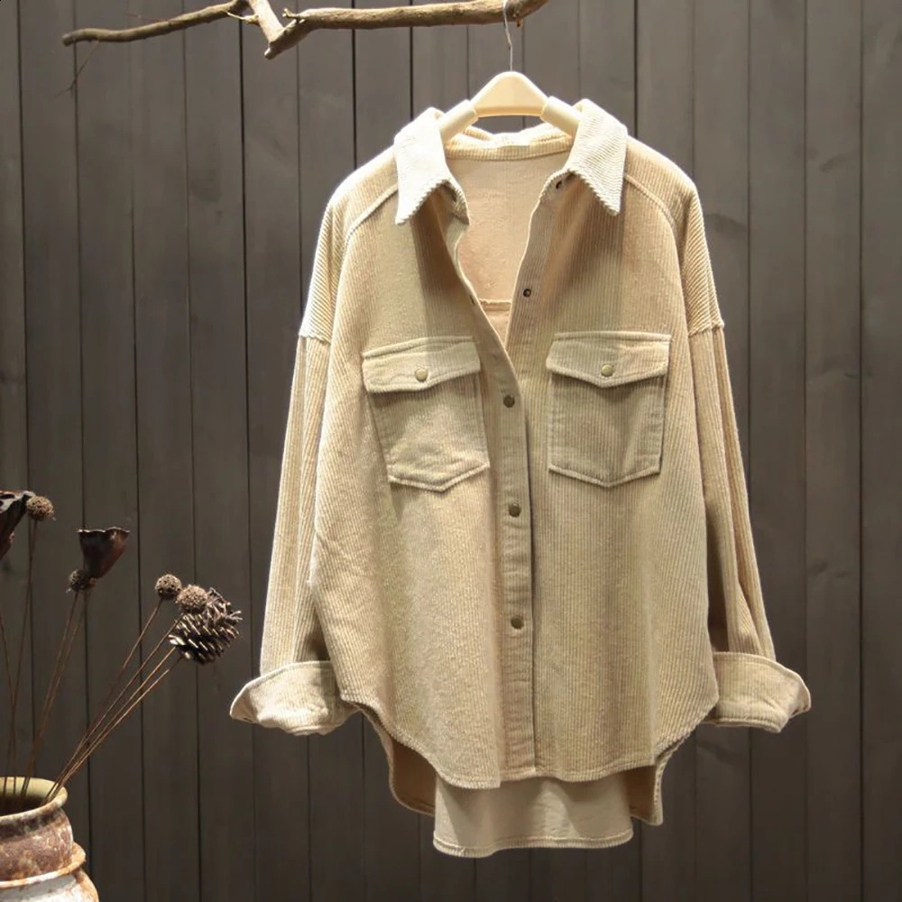 Fashion Retro Art Coral Shirt and Womens Irregular Long Sleeve Pocket Korean Loose Summer Coat Full Match 250319