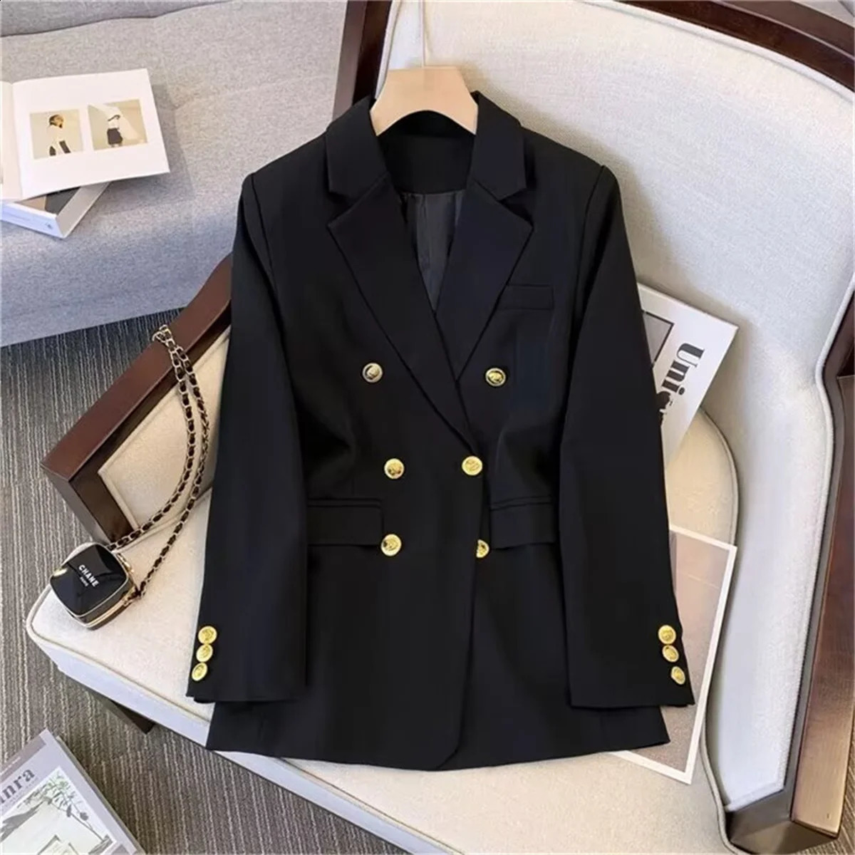 Womens fashionable warm jacket long sleeved double chest ultrathin autumn spring suit office womens casual 250319