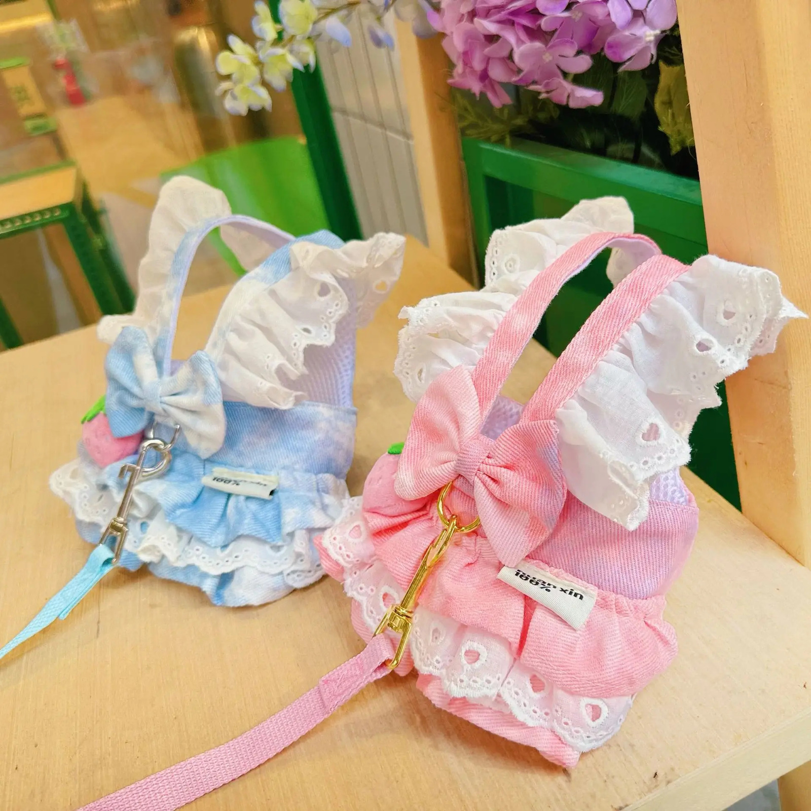 Ultra thin Demin dog dress shoulder strap princess mini teddy bear traction spring summer pet cat suit Ropa Para Perro with belt 250318