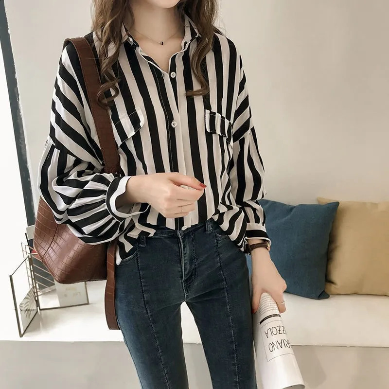 French office ladies trend casual collar vertical striped shirt and womens pocket long sleeved top 250318