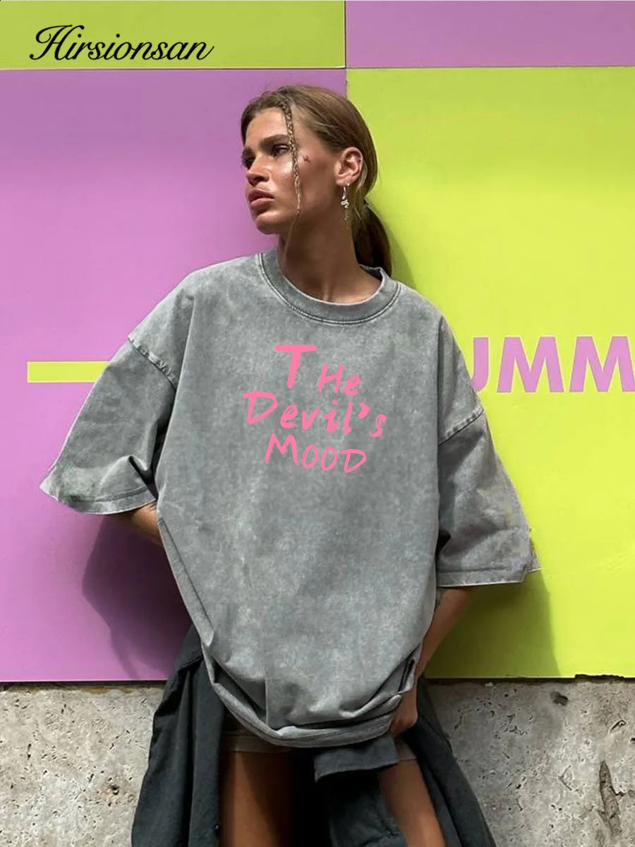Hirsionsan Acid Washed T Shirt Women Vintage Cotton T-shirts Streetwear Soft Mineral Tees Girl Loose Letter Print Tops Y2k 250319
