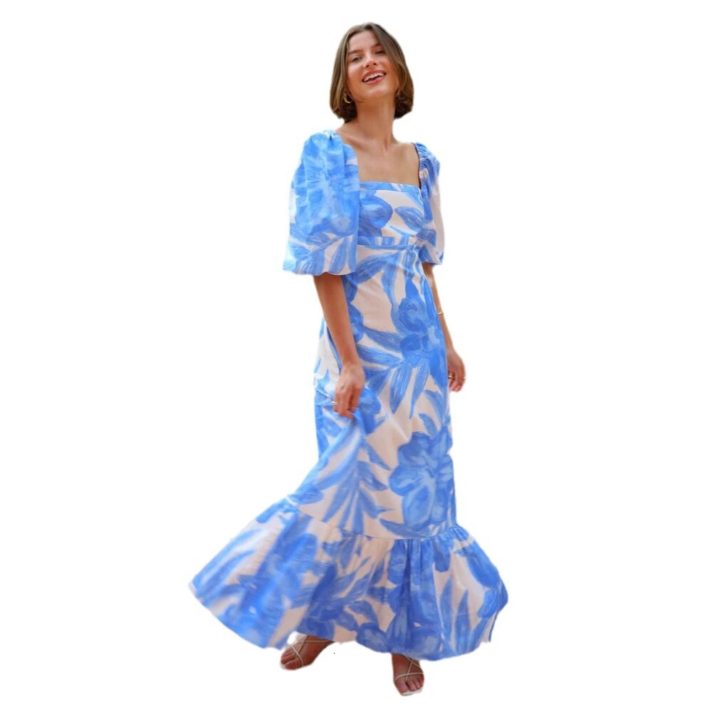 25 year summer new casual one collar printed lantern sleeve fashionable dress -68576