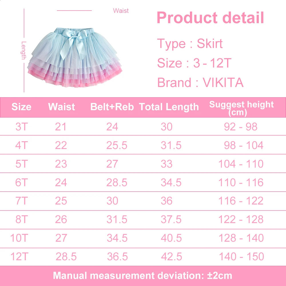 VIKITA Girls Skirts Kids Layered Mesh Tulle Cake Princess Tutu Skirts Girl Birthday Party Performance Daily Casual Ballet Skirt 250319
