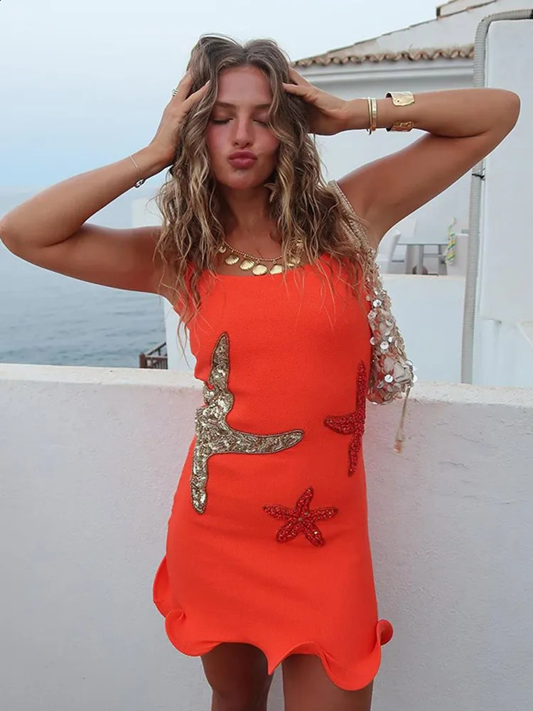 Fashionable shiny starfish print pleated hem mini dress fashionable Bodycon sleeveless backless short vest summer womens beach 250319