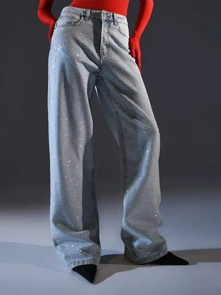 Shiny rhinestone denim womens pants full diamond jeans high rise pockets dragging extremely tight wide leg summer 250317