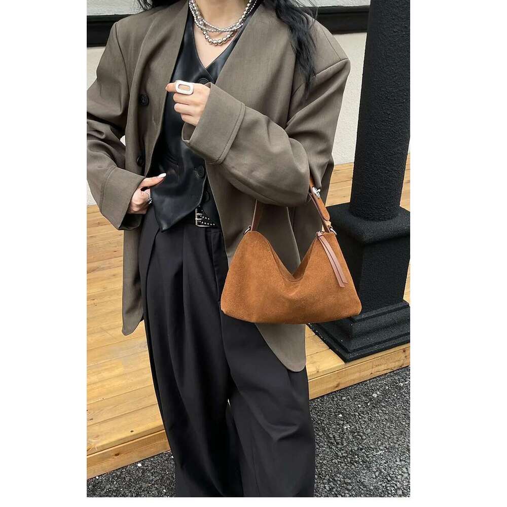 Women Niche Suede Pouch Underarm Bags Retro Matte Cowhide Shoulder Crossbody Handbag Trendy Bag