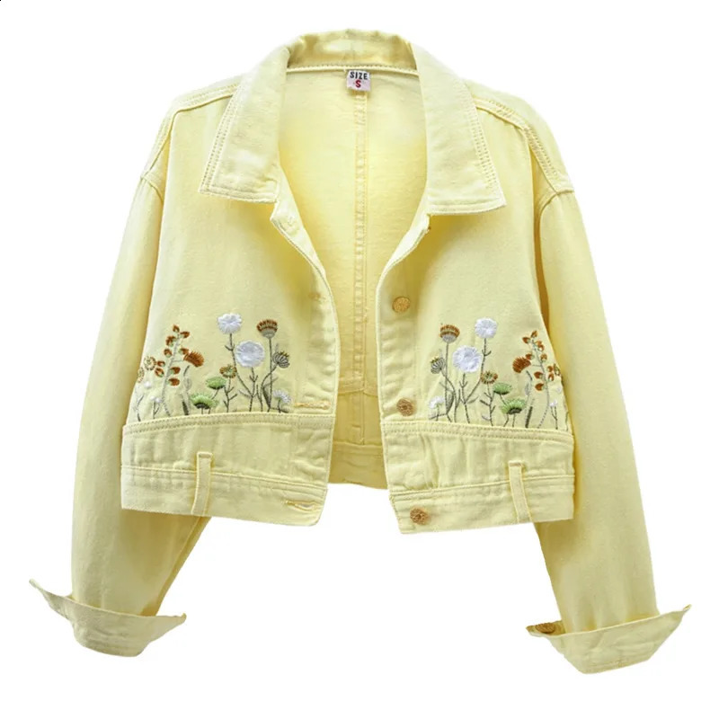 Fashion floral embroidery crop denim jacket womens lapel long sleeved single chest denim jacket retro streetwear womens jacket 250317