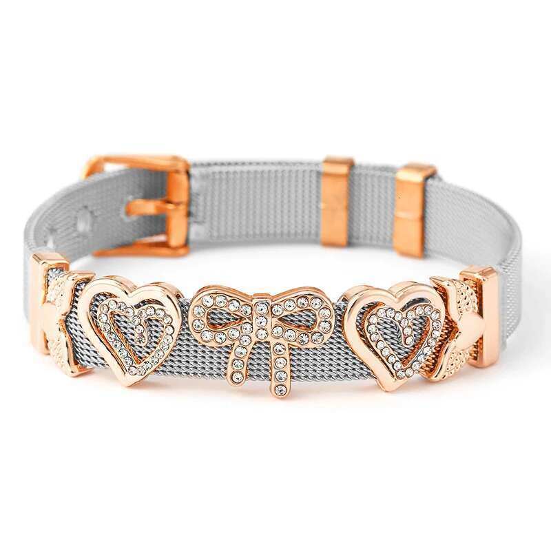 10mm Crystal Bowknot Heart Beads Charm Bracelets DIY Stainless Steel Mesh Keeper Bracelets Pulseras Mujer For Women Men Jewelry