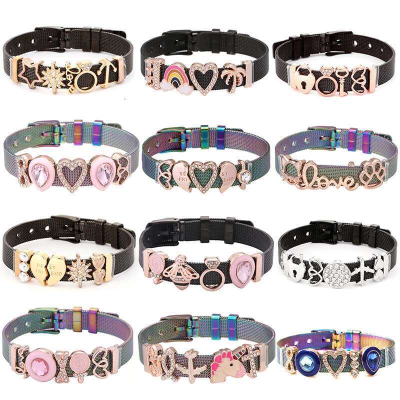 Black & Colorful Stainless Steel Mesh Bracelet Bangles For Women with Slide Charms Bracelets DIY Jewelry as Special Gift