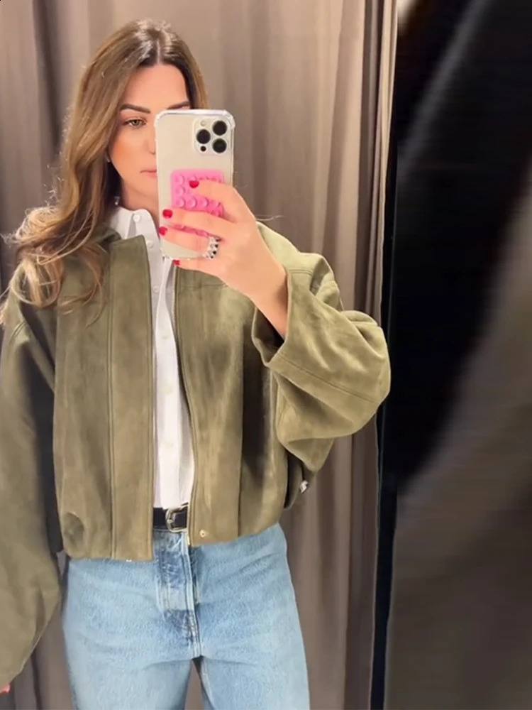 Casual suede zipper long sleeved womens Coats retro lapel pocket jacket spring short streetwear 250317